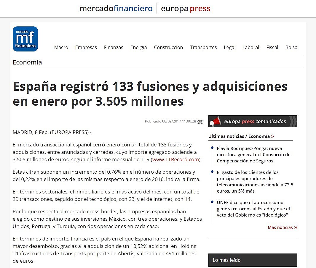 Espaa registr 133 fusiones y adquisiciones en enero por 3.505 millones